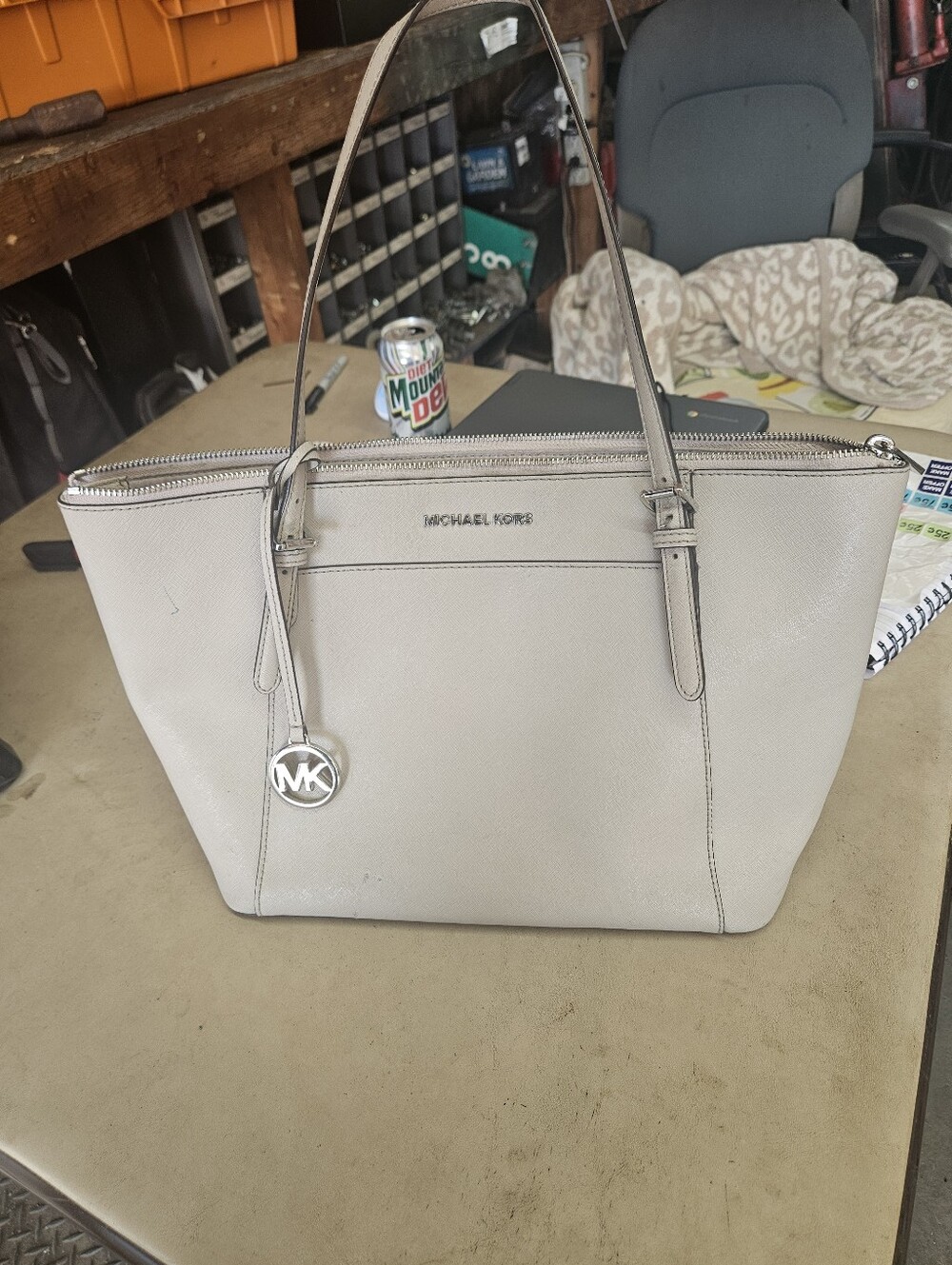 Michael Kors Pale Gray Leather Tote with MK Charm